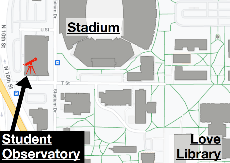 Map providing direcionts to the Student Observatory on city campus at the University of Nebraska-Lincoln.